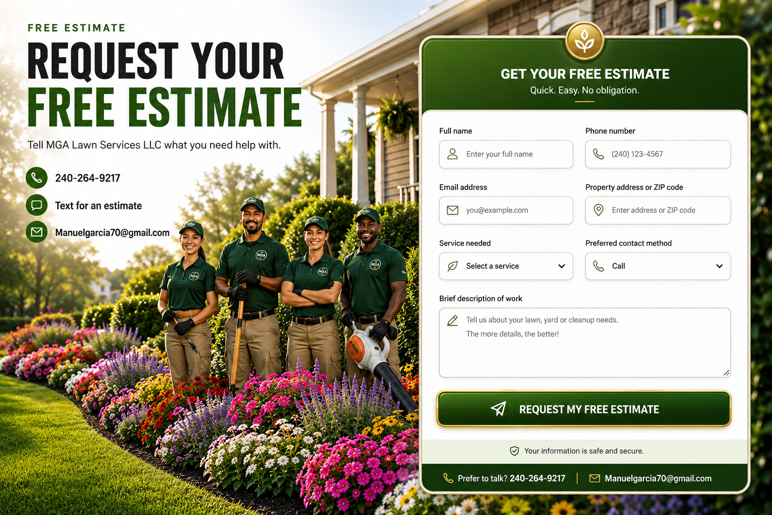 Request your free estimate from MGA Lawn Service — call, text, email, or fill out the estimate form