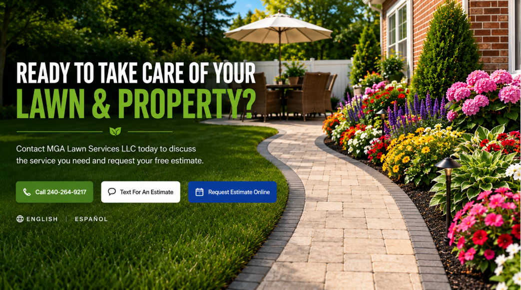 Ready to take care of your lawn and property? Call 240-264-9217, text for an estimate, or request an estimate online — English and Español